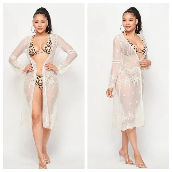 White Embroidery Mesh Beach Cover Up Cardigan - Picture 1 of 4